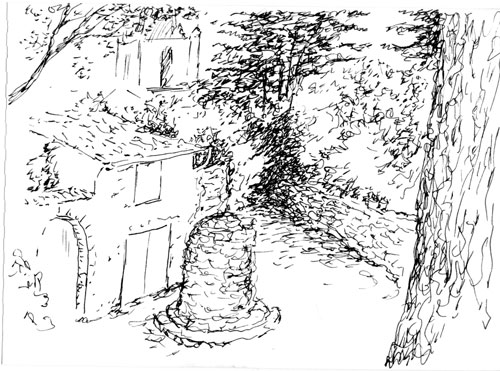 Bild: Hof in Forcalquier-Frankreich (Filzstift-Zeichnung, 1999)