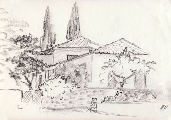 Bild: Haus in Vounaria-Griechenland (Bleistiftzeichnung, 1993)