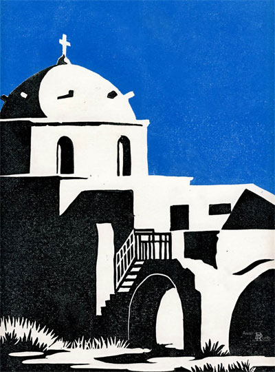 Bild: Kirche im Kastro von Astypalea / Griechenland (Linoldruck)